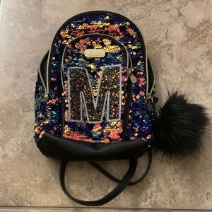 Justice Multicolor M Sequin mini Backpack with Black Pom-Pom shiny gold black